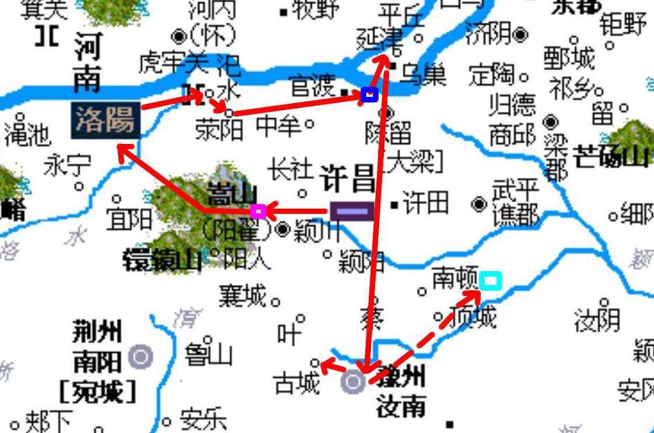 관우의 과오관참육장(過五關斬六將)의 노선도